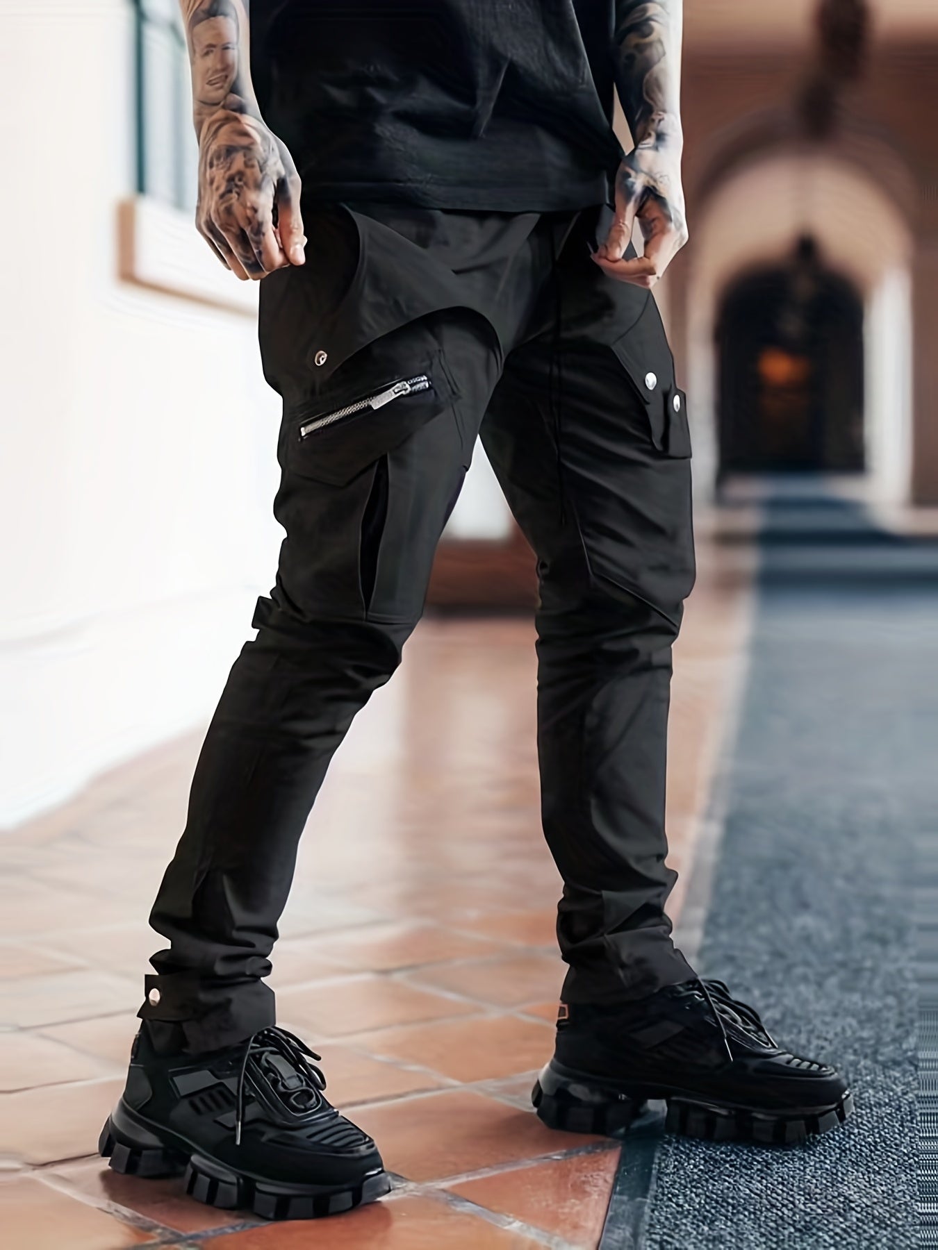 Maxct  Men's Drawstring Cargo Pants, Zip Pocket Slim Fit Trendy Outdoor Pants, Mens Work Pants, Tactical Pants