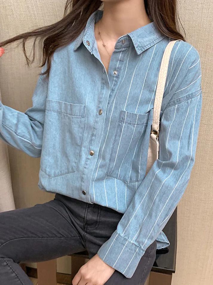Maxct Vintage Striped Splice Denim Blouses&Shirts