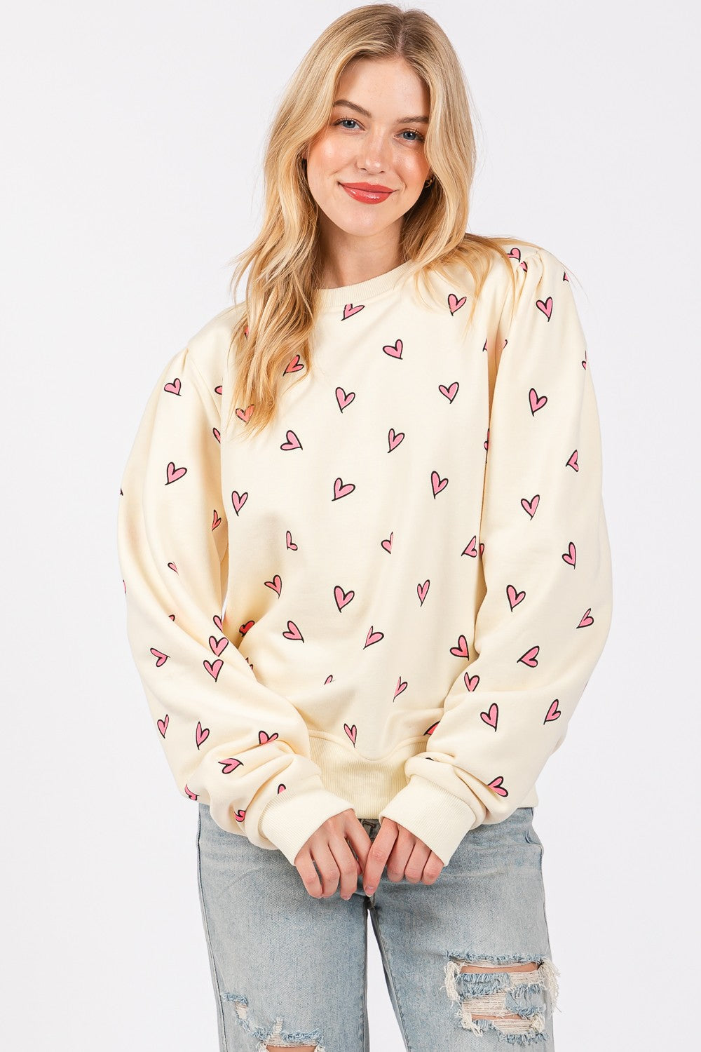 Maxct &SAGE + FIG Heart Printed Contrast Long Sleeve Sweatshirt