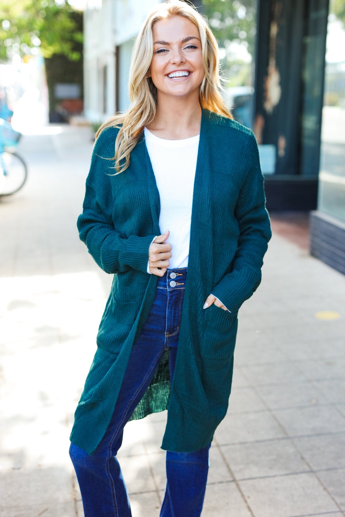 Maxct &Everyday Hunter Green Striped Knit Open Cardigan