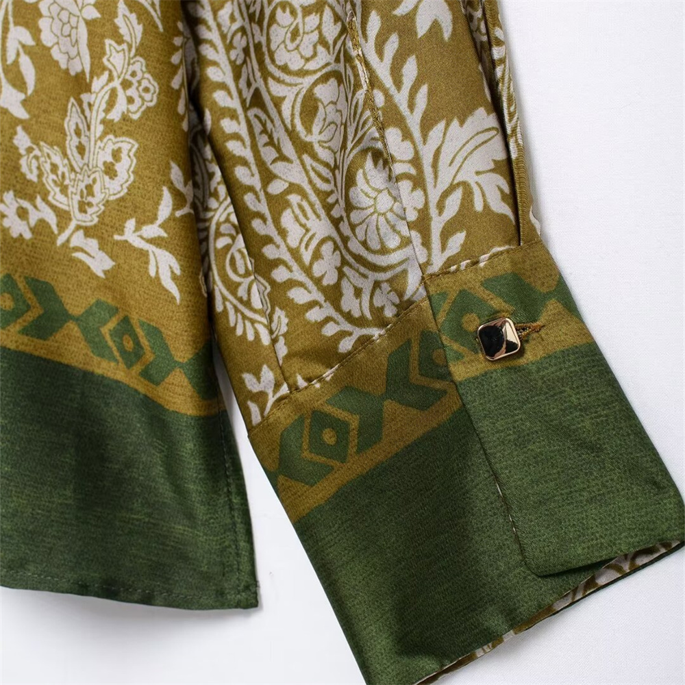 Autumn New Women's Fashion Versatile Collar Long Sleeve Shirt Silk Texture Printed Pants Casual Set