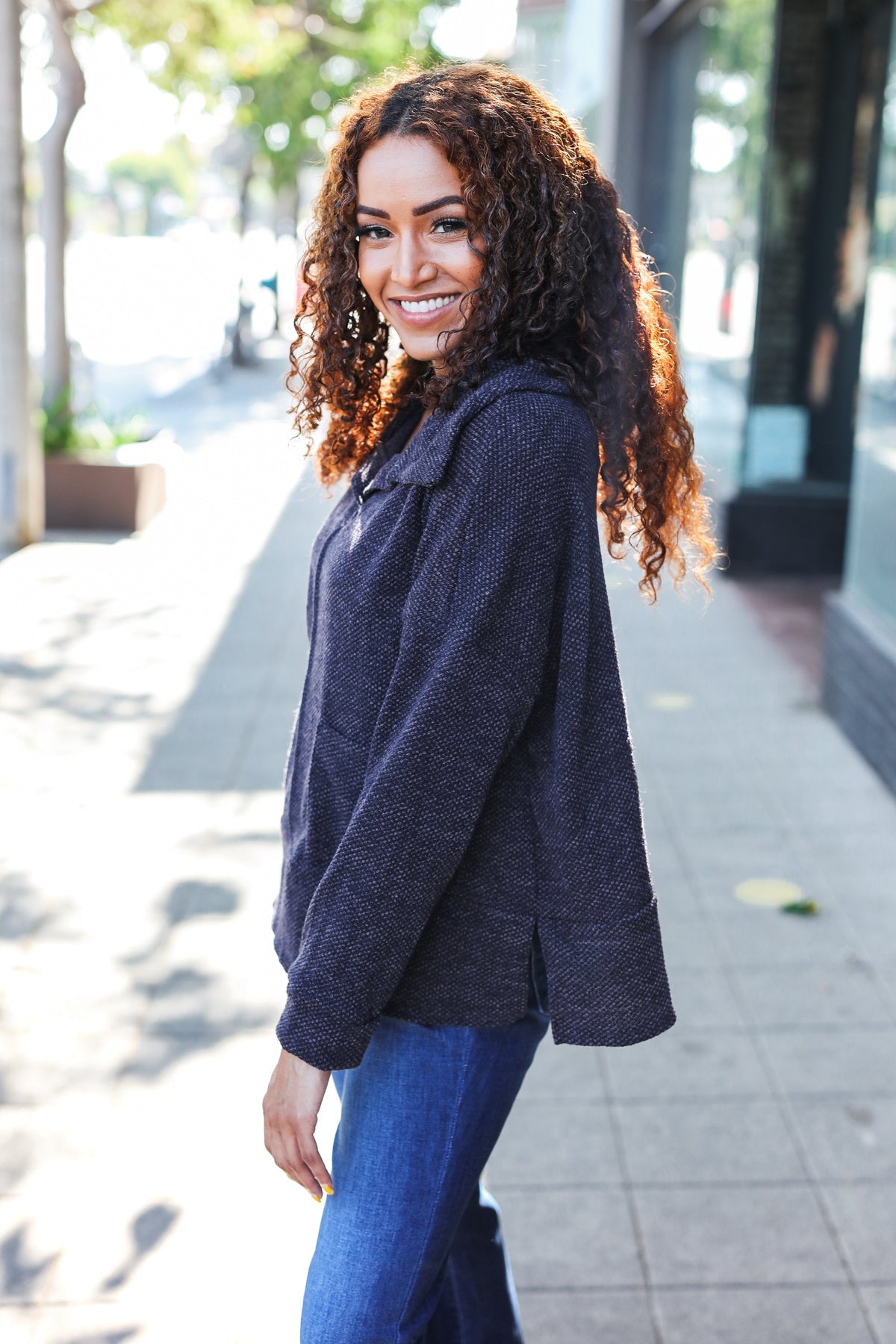 Maxct &Easy Living Charcoal Textured Knit Notch Neck Oversized Collar Sweater