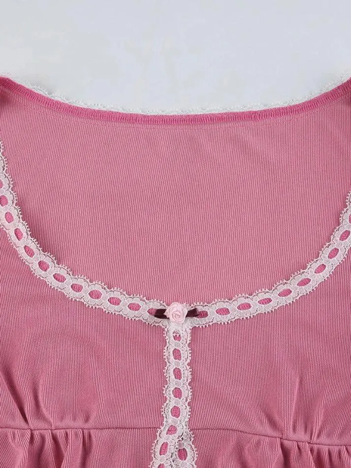 Maxct Lace Trim U Neck Slit Cropped Long Sleeve Blouse