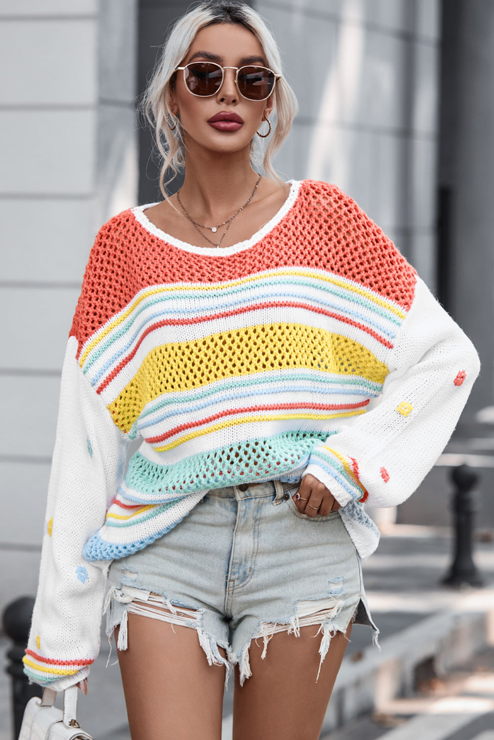 Maxct &Hollow Striped Color Block Round Neck Sweater