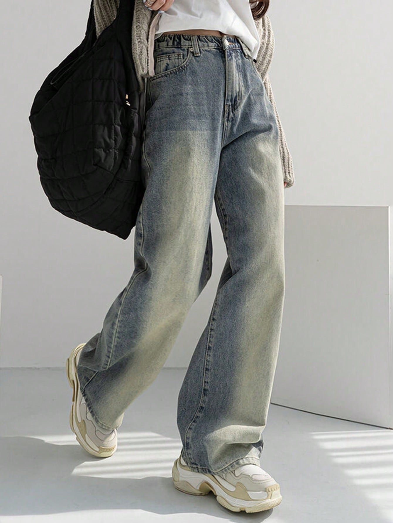 Maxct Women Elastic Waist Straight-Leg Denim Pants With Street Style Water Washed And Grinding White Finish