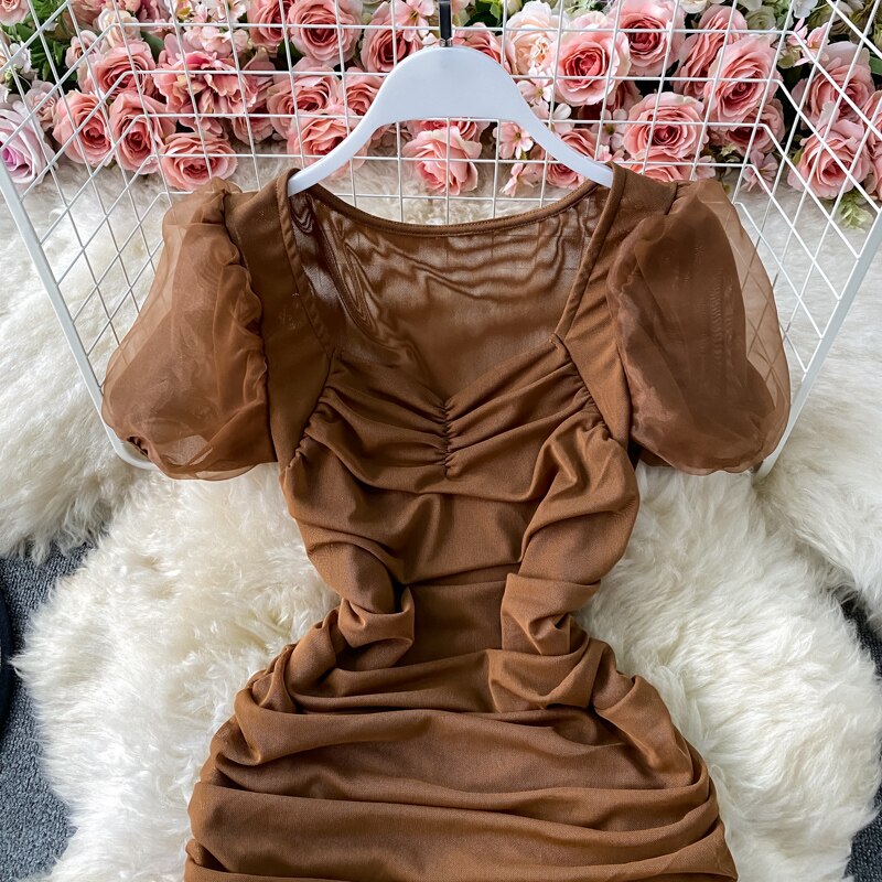 Sexy Mesh Draped Bodycon Dress Women Elegant Square Collar Short Puff Sleeve Pleated Vestidos Female Summer
