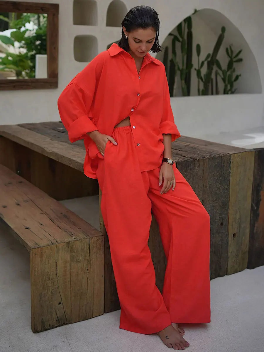 Maxct White Casual Cotton Linen Trousers Suit Women's Loose Long Sleeve Shirt Top Elastic Waist Pants Female Outfits Autumn New