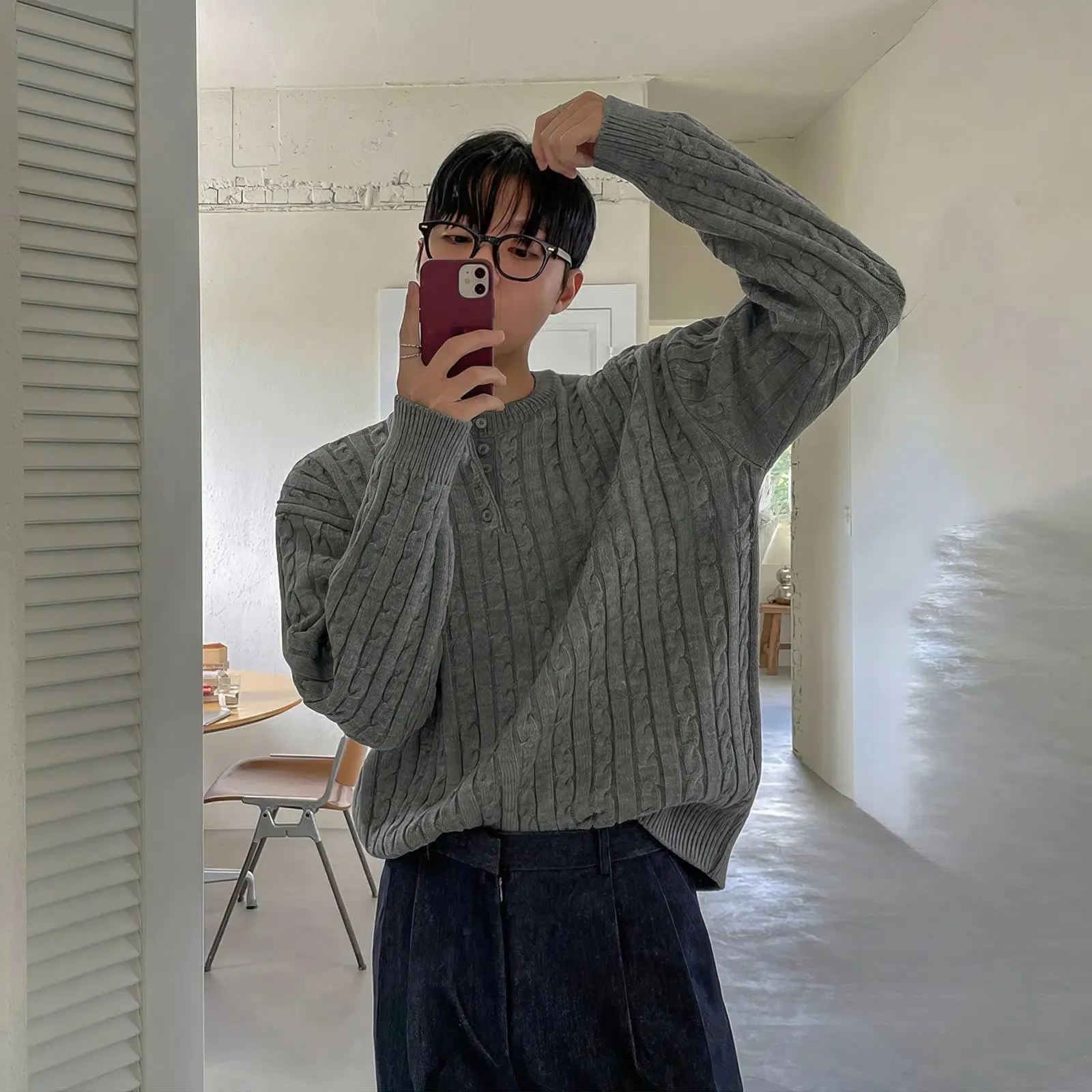 Maxct Pleated Henley Round Neck Sweater