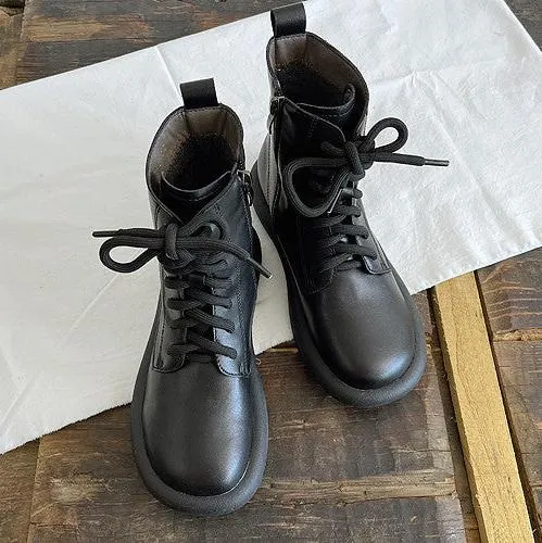 Maxct Women Autumn Retro Round Toe Leather Martin Boots