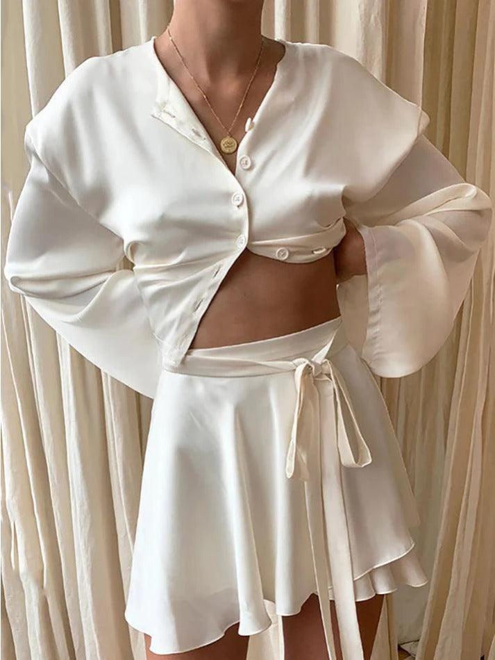 Maxct Satin Long Sleeve Buttoned Crop Blouse