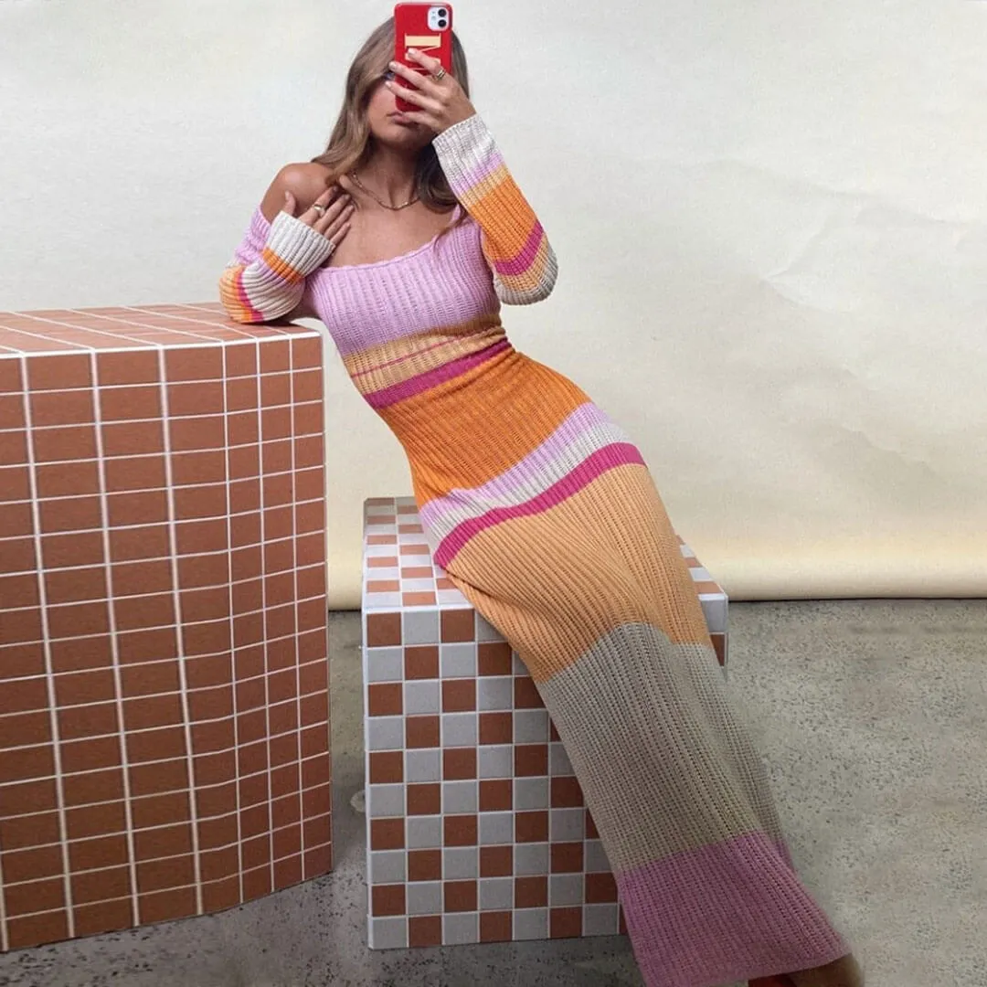 Versatile Striped Long Sleeve Crochet Knit Maxi Dress - Multicolor Maxct