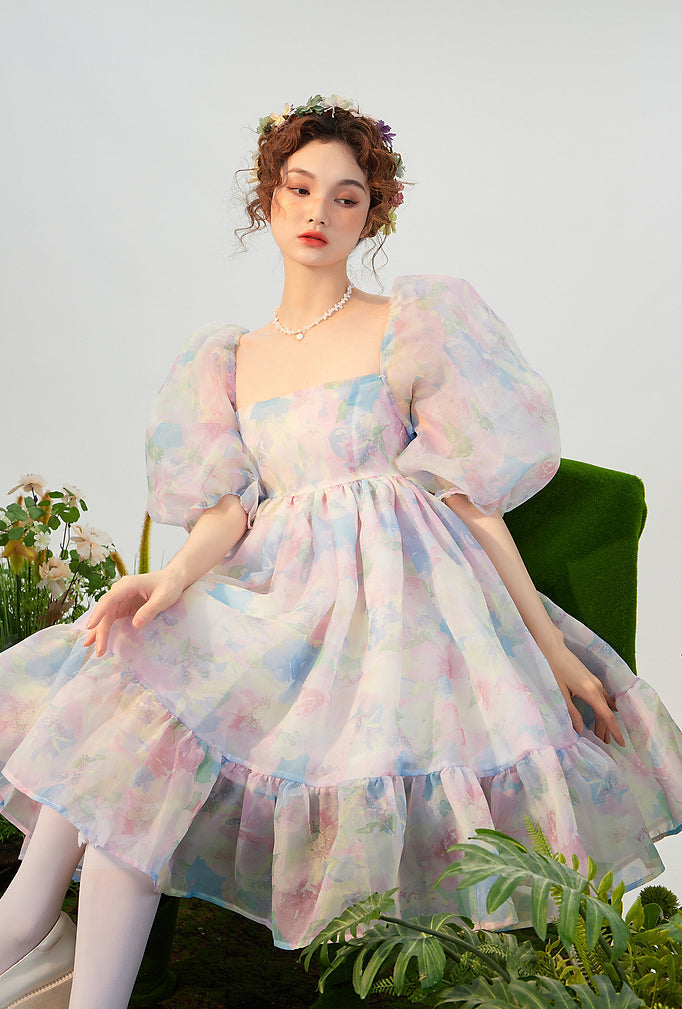 Watercolor Floral Puff Dress Maxct