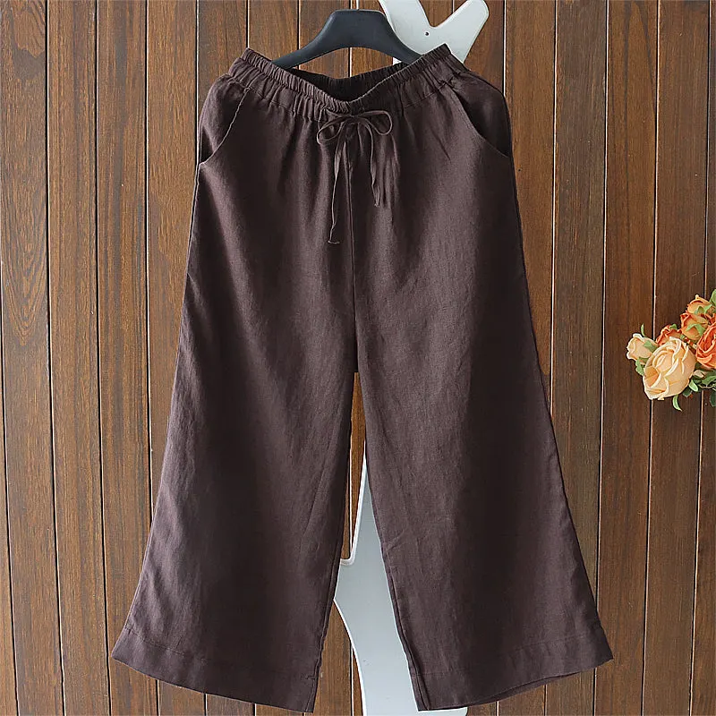 Maxct Women Spring Retro Solid Color Cotton Linen Pants