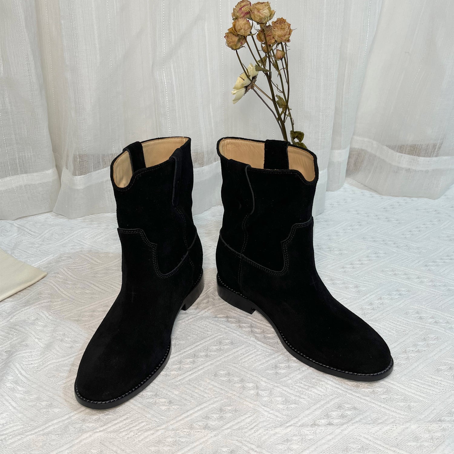 Womens Suede Mid Calf Western Cowboy Boots Maxct