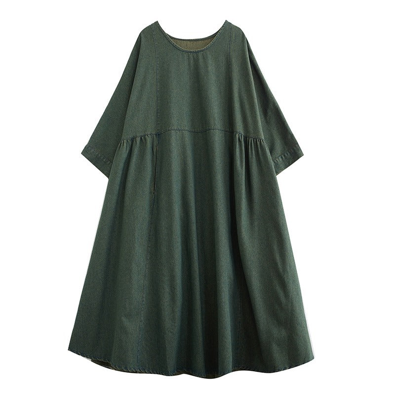 Maxct Women Autumn Retro Spliced A- Line Denim Dress