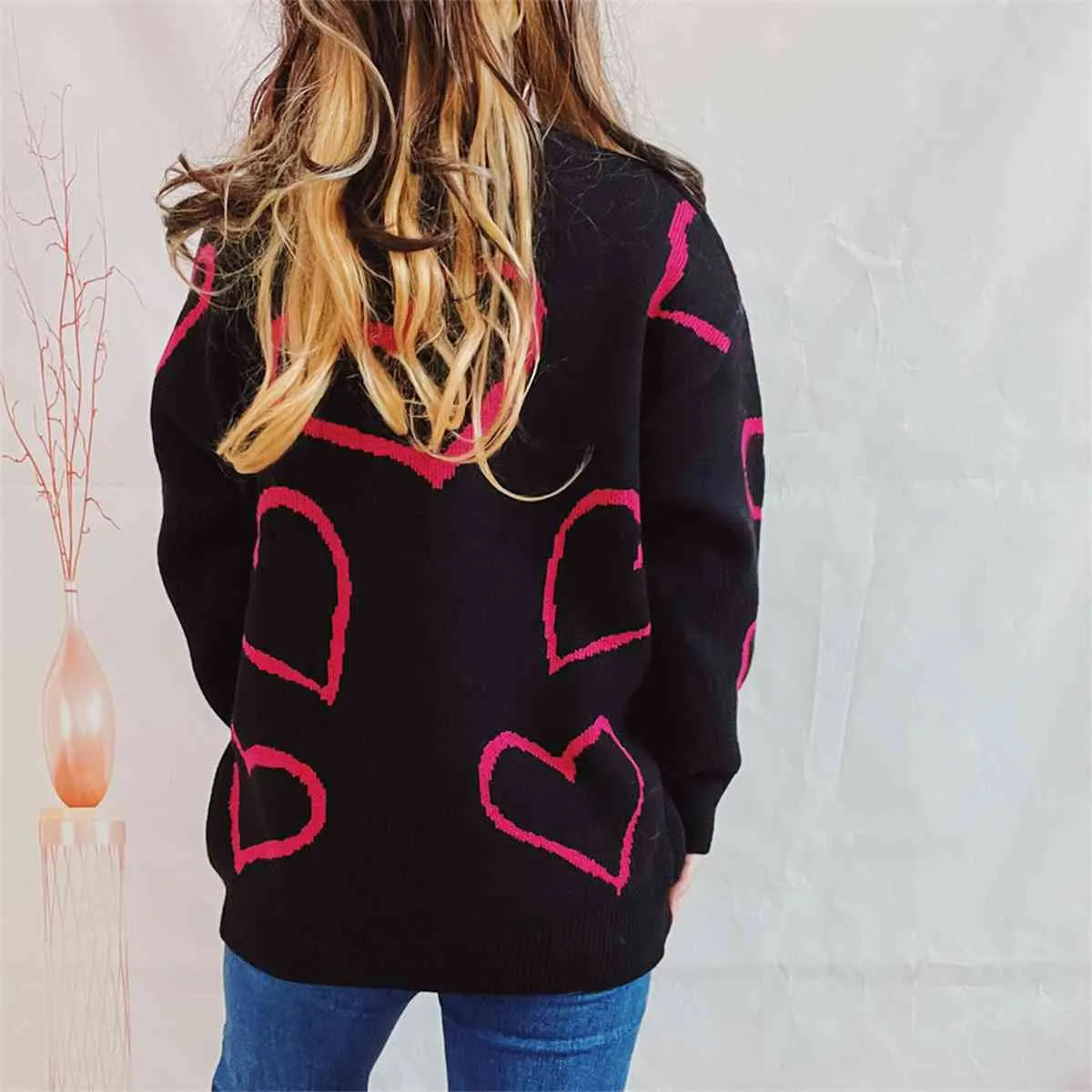 Maxct &Heart Pattern Long Sleeve Sweater