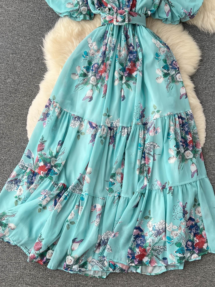 Bohemian Floral Chiffon Long Dress Women Sexy Off Shoulder Ruffle Puff Short Sleeve High Waist A-Line Big Swing Vestidos