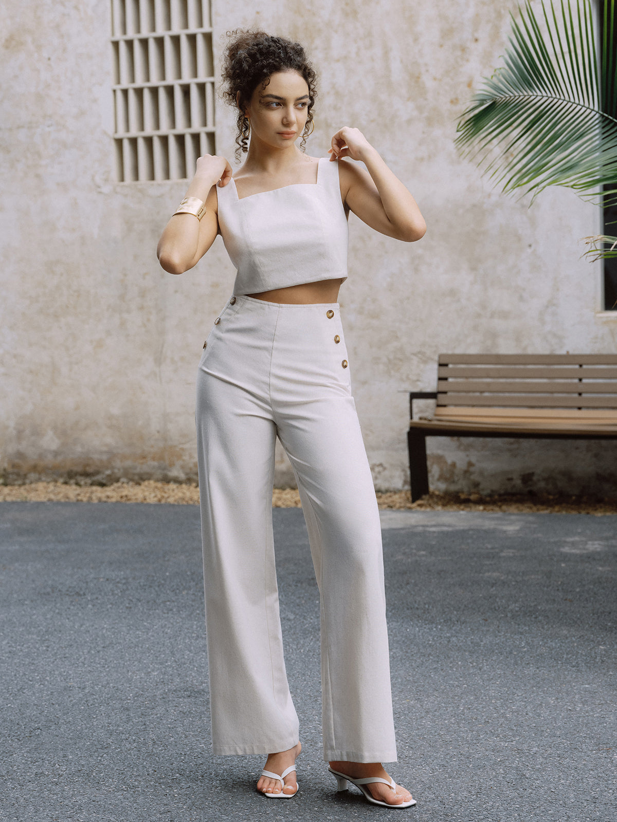 Maxct Cotton & Linen Button Decor Tank Top With Straight Leg Pants Set