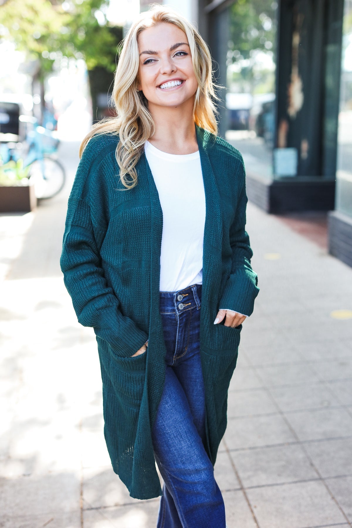 Maxct &Everyday Hunter Green Striped Knit Open Cardigan