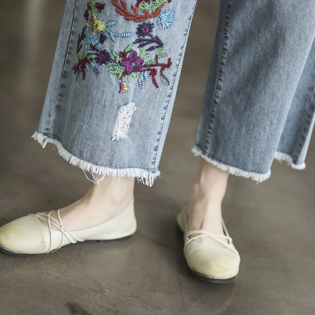 Maxct Women Autumn Art Floral Casual Denim Jeans Pants