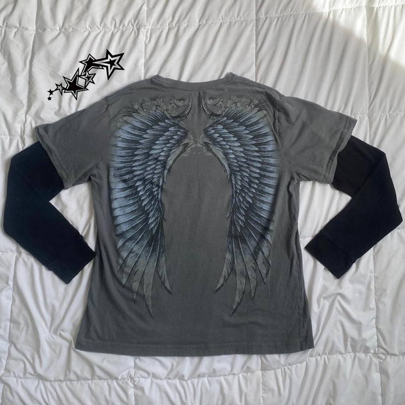 Japanese Edgy 00s Retro Gothic Emo T-shirt Cyber Y2K Grunge Mall Goth Top Patchwork Full Sleeve Baggy Pullovers Tees