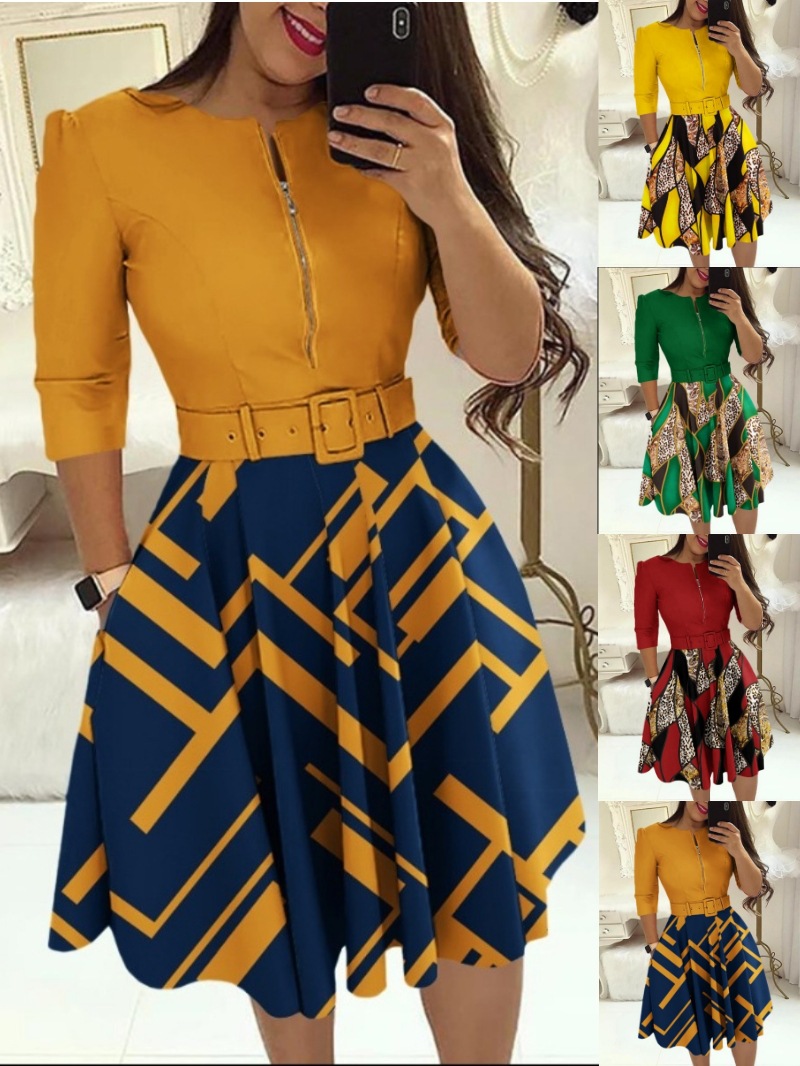 Women's Printed Belted Fit-and-Flare Dress