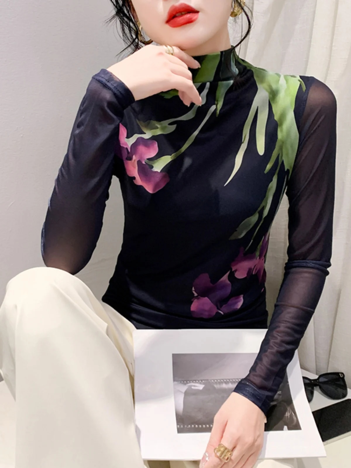 Maxct Printed Positioning Flower Double-Layer Mesh T-shirt Women Stretch Slim Full Sleeve Tees Tops HF8772