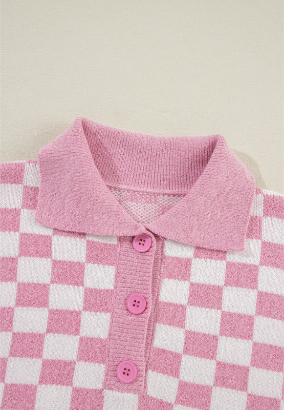 Maxct &Checkered Collared Neck Long Sleeve Sweater
