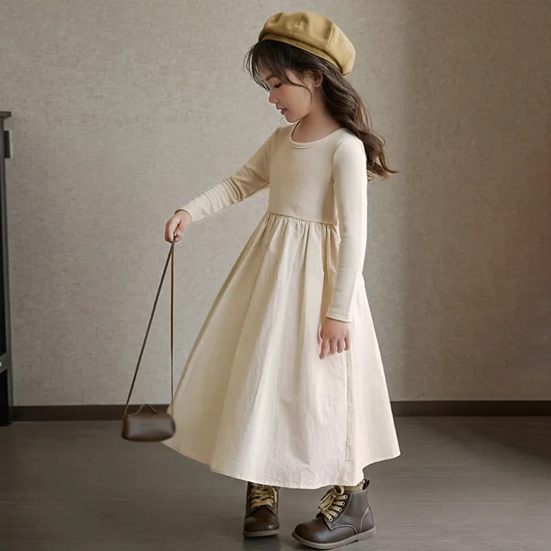 Maxct Autumn Kids Girls Beige Grey Simple Casual Patchwork Princess Elegant Long Sleeve Dresses Korean Style