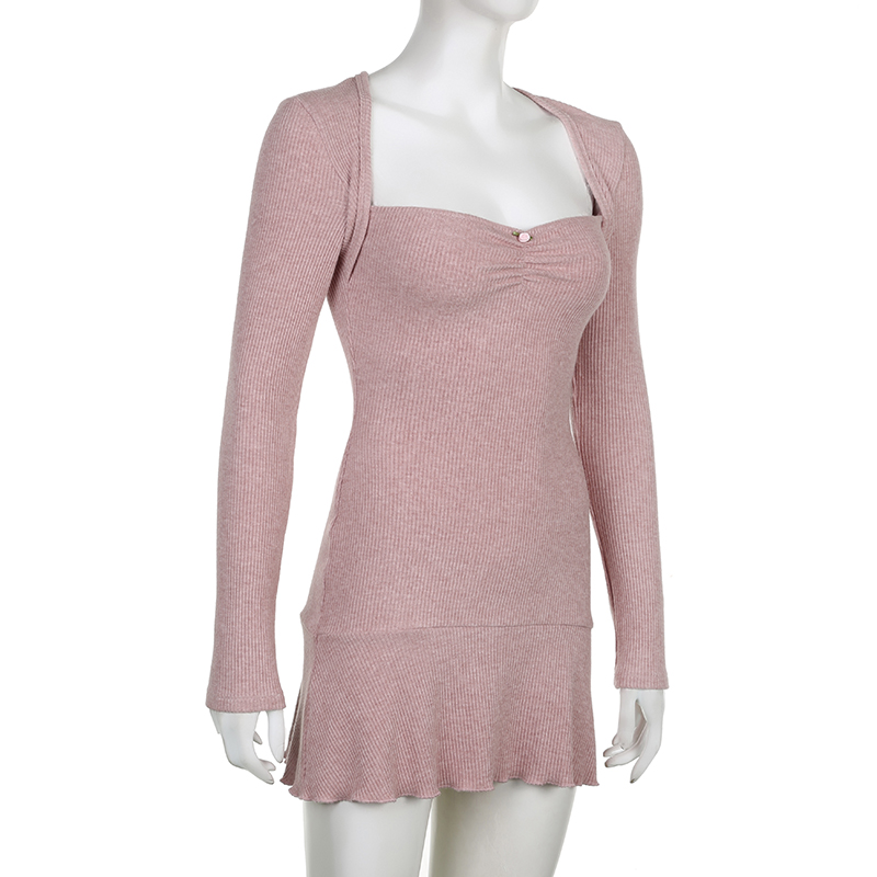 Cute Coquette Pink A-line Mini Dress Fairycore Sweet Full Sleeve Square Collar Short Dresses for y2k