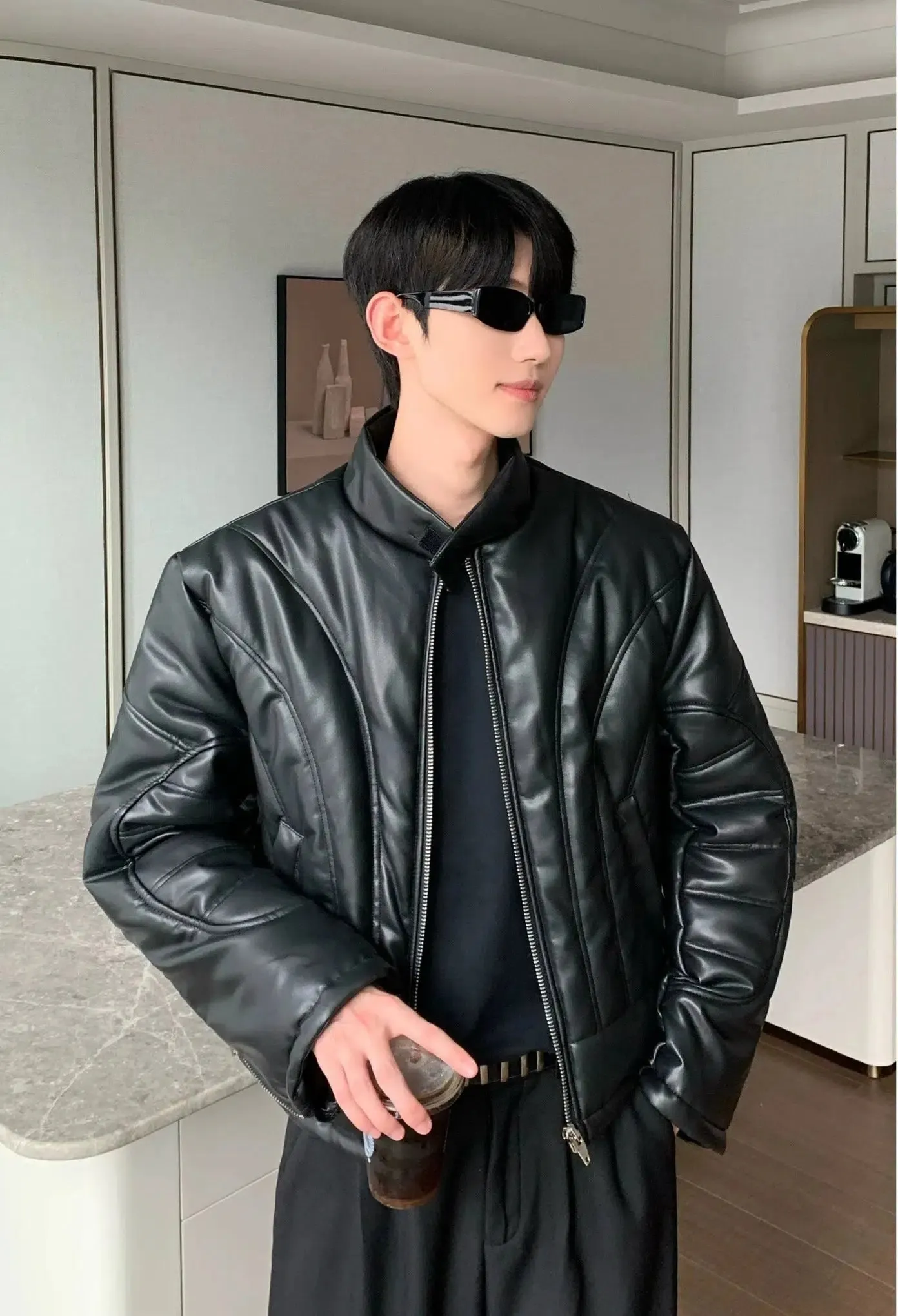 Maxct Quilted Collar Short PU Leather Jacket