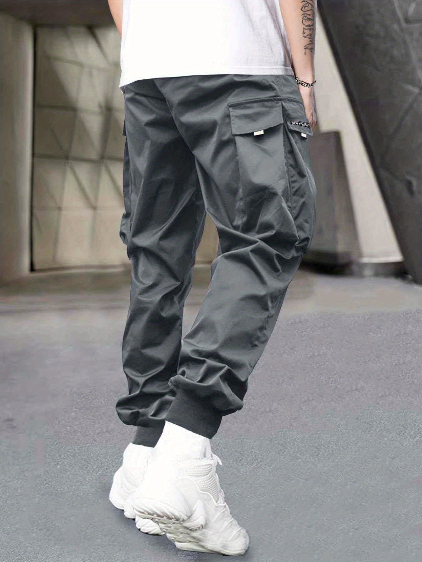 Men's Stylish Letter Graphic Cargo Pants with Flap Pockets - Drawstring Waist for Comfort