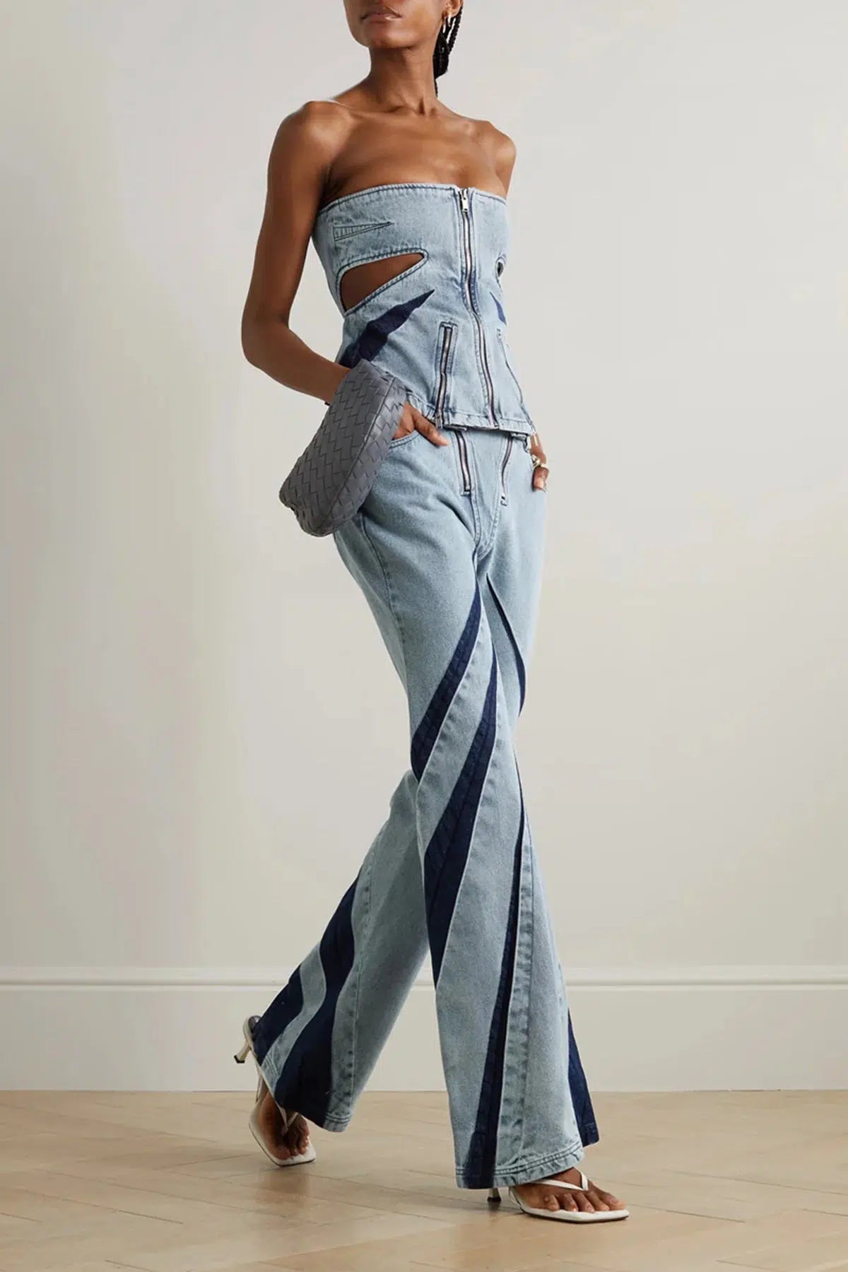 Maxct &Denim Cut Out Tube Top & Patch Jeans Two Piece Set