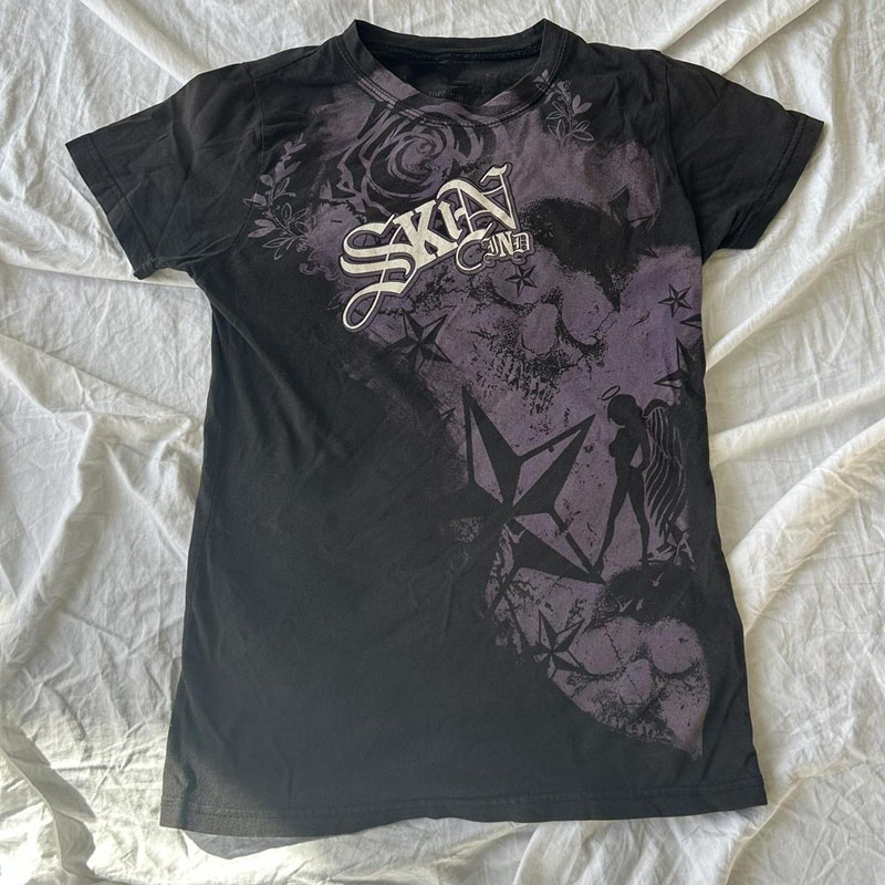 Cyber Grunge E-girl Gothic Crop Tops Women's T-shirt 00s Retro Graphic Print Short Sleeve Tees Harajuku Japanese Y2K Clothes
