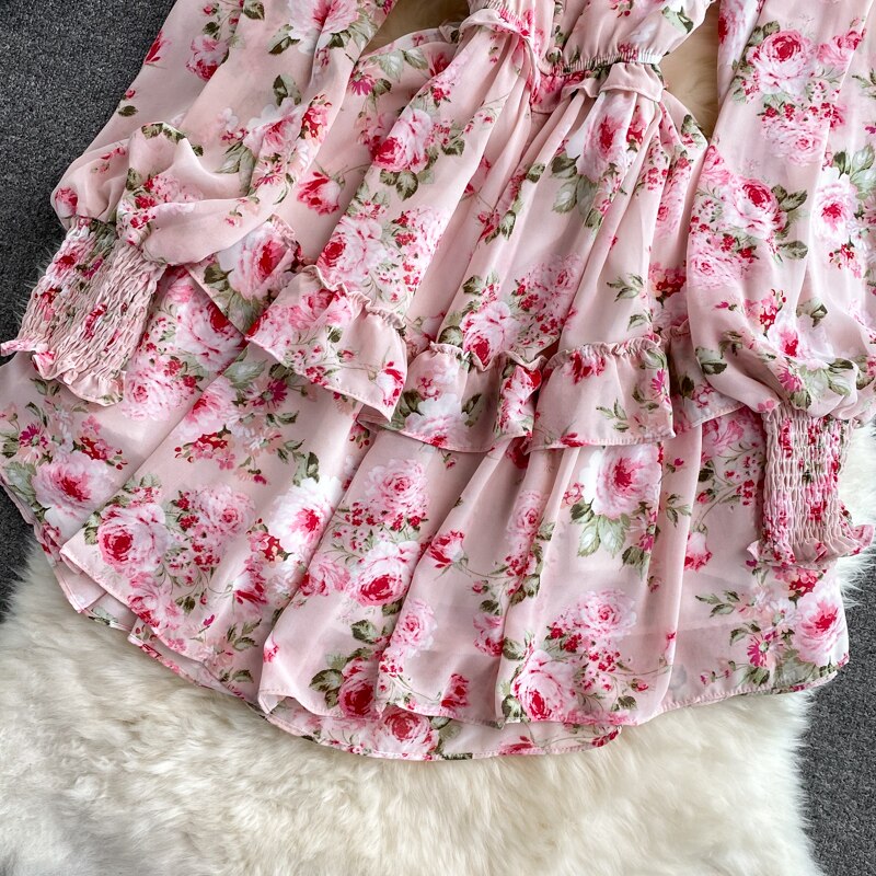 Women's Green/Purple/Beige Floral Chiffon Dress Bohemian V-Neck Lantern Long Sleeve High Waist Ruffle Vestidos Female New