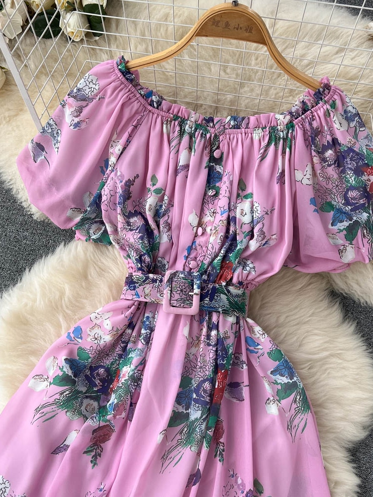 Bohemian Floral Chiffon Long Dress Women Sexy Off Shoulder Ruffle Puff Short Sleeve High Waist A-Line Big Swing Vestidos