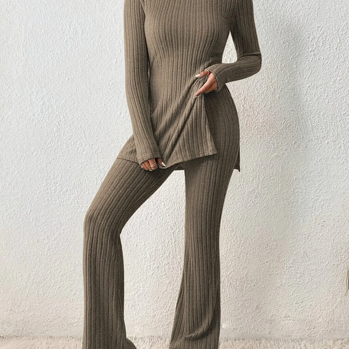 Maxct  Solid Textured Two-piece Set, Long Sleeve Slit Long Length Top & Skinny Pants Outfits, Women's Clothing