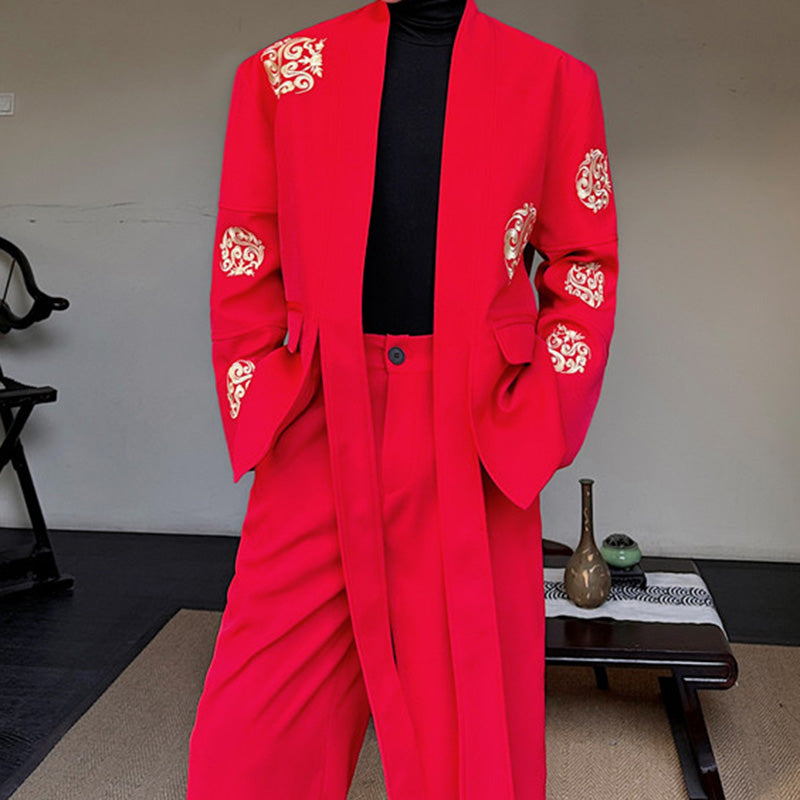 Maxct Retro Cirrus Embroidered Red Suit Jacket Wide-leg Trousers Two-piece Set