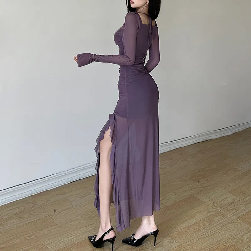 Y2k Gentle Temperament Ruffled Square Collar Slit Dress FeCross-Border Solid Color Long Sleeve Strap Wrapped Hip Long Dress