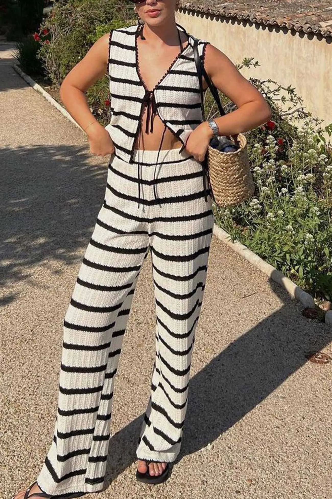 Maxct Striped Knit Tie-up Tank Top Pants Suits
