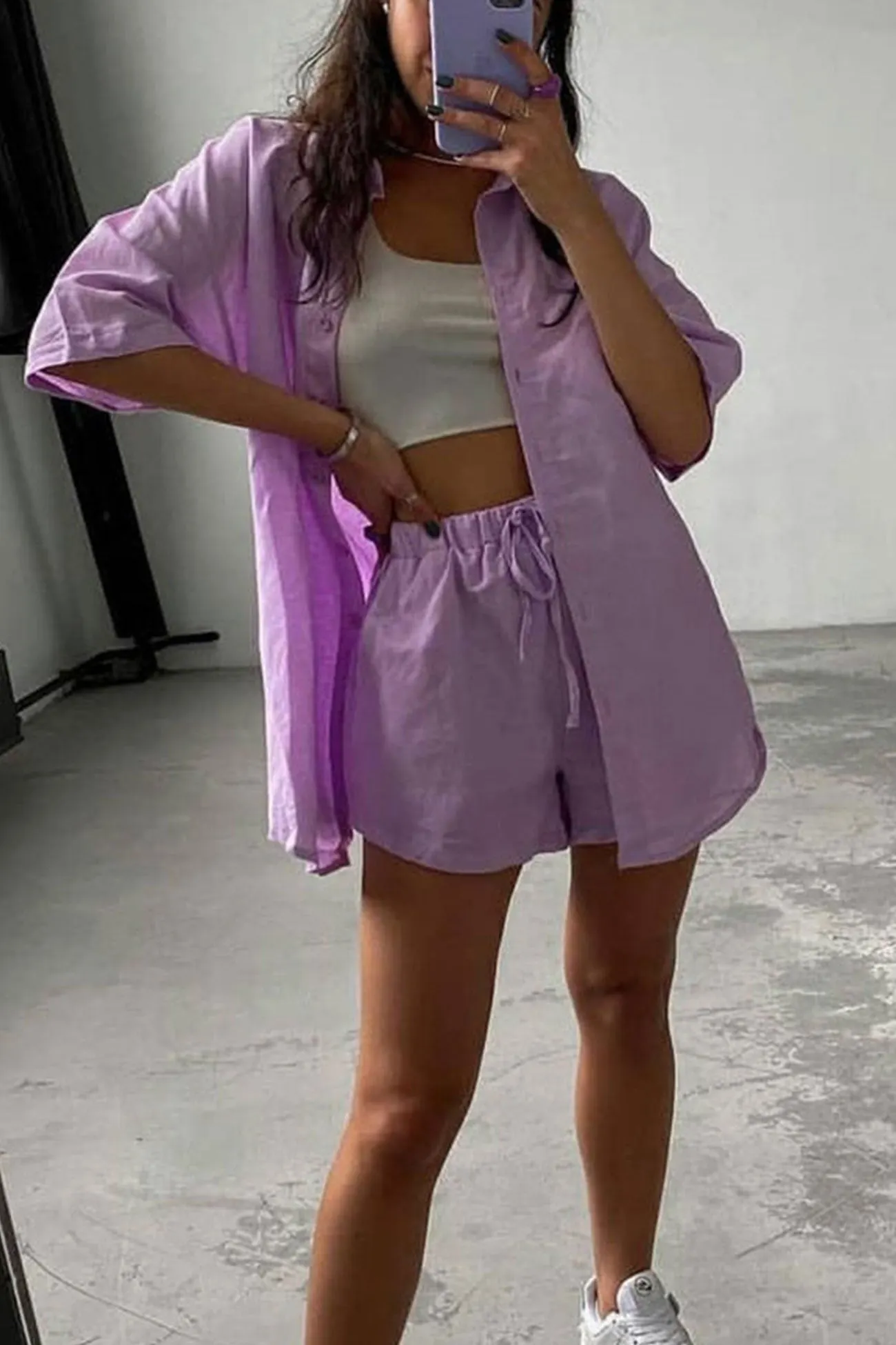 Maxct Solid Short Sleeve Shirt Drawstring Shorts Suits