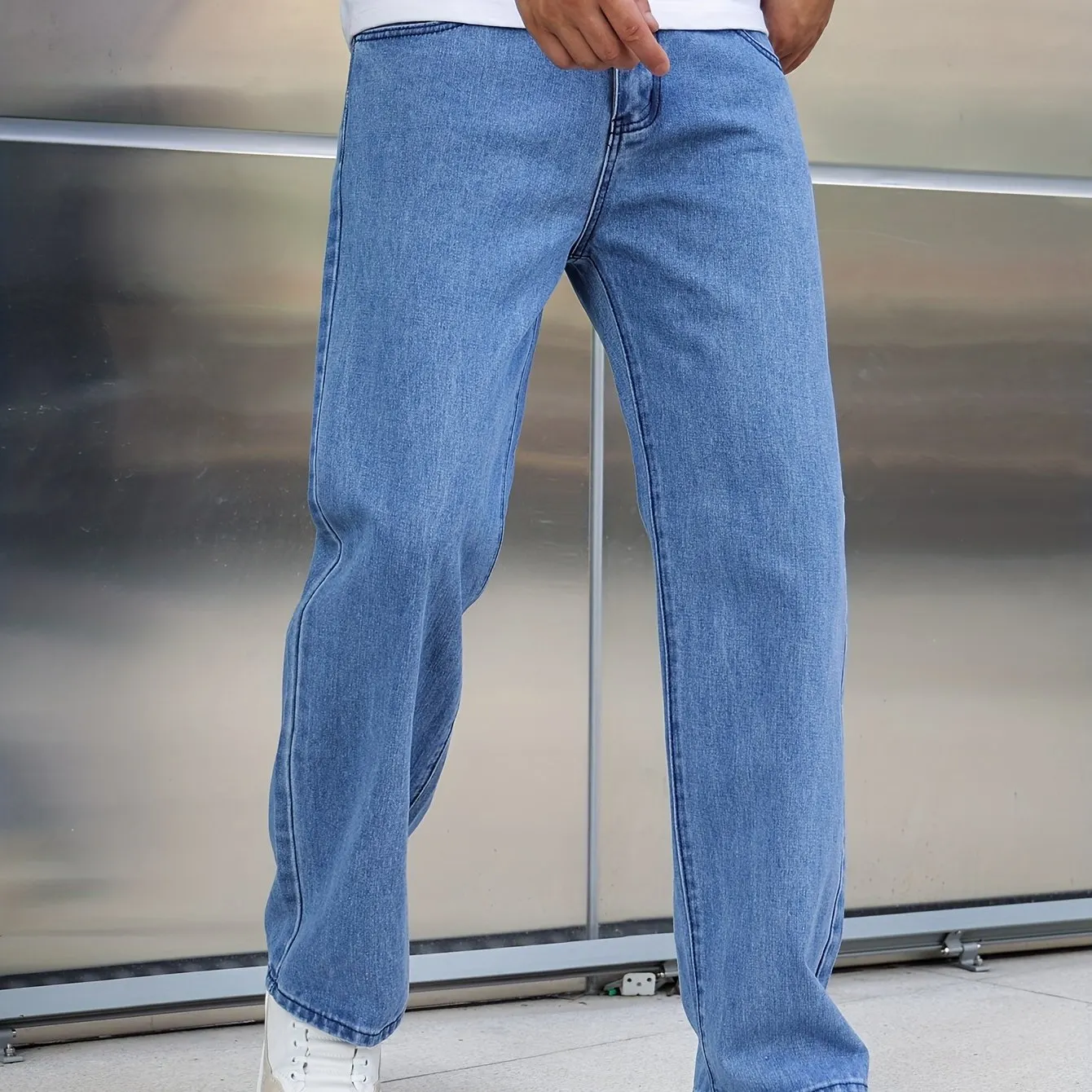 Maxct  Loose Cotton Blend Men's Solid Wide Leg Pants, Men's Casual Denim Pants, All Seasons
