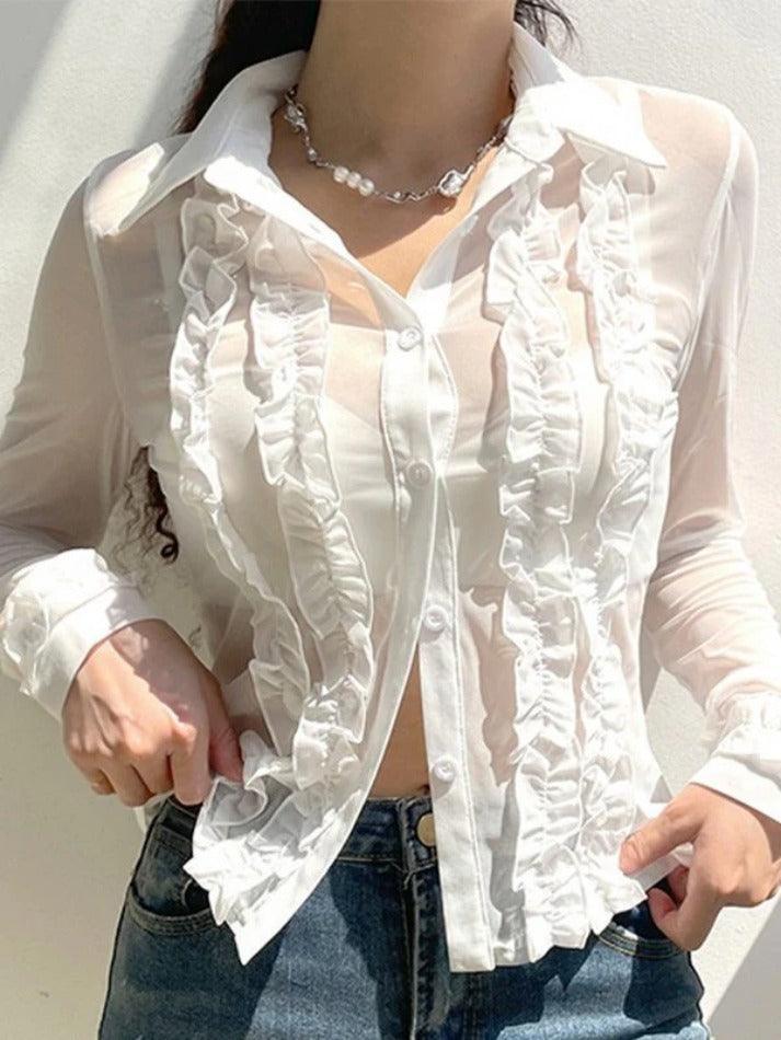 Maxct-Ruffle Trim Sheer Mesh Long Sleeve Blouse