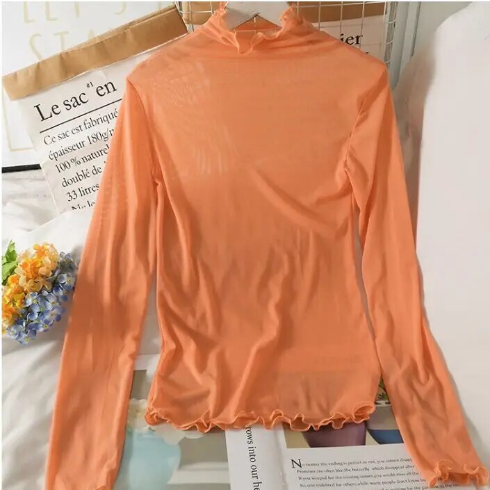 Maxct T Shirts Women Transparent Tops Long Sleeve Slim Turtleneck Stretchy T-Shirt Autumn Tees
