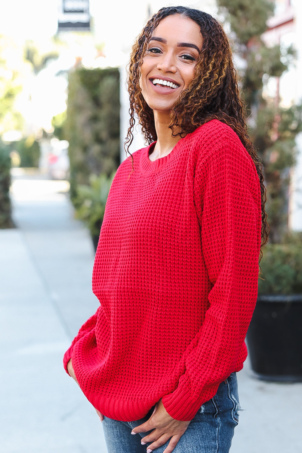 Maxct &All Present Christmas Red Waffle Knit Hi-Low Sweater