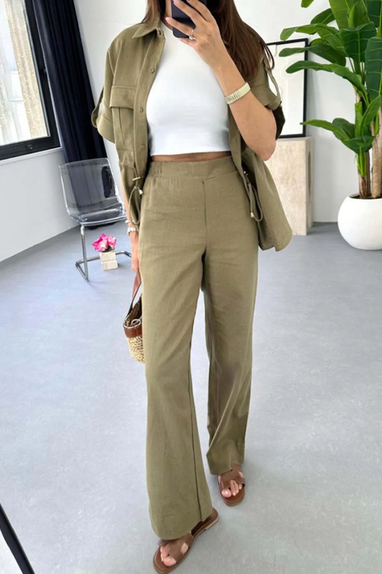 Maxct Half Sleeve Drawstring Shirt Long Pants Two-Piece Set
