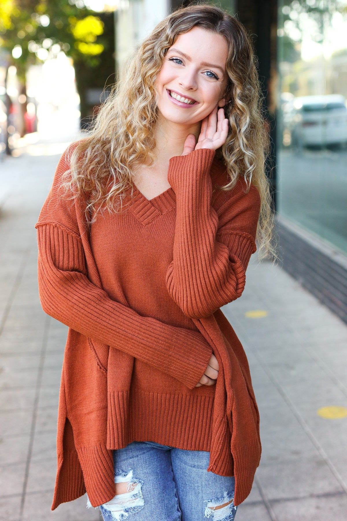 Maxct &Casual Chic Rust Oversized V Neck Rib Knit Sweater