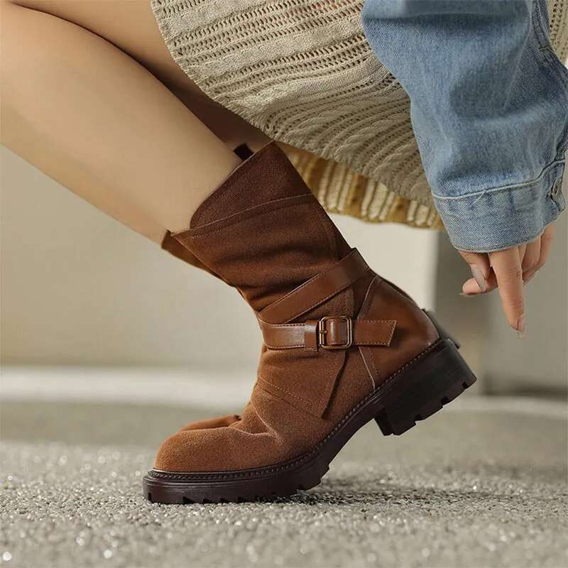 Womens Suede Mid Calf Boots for Winter Buckles Boots Maxct