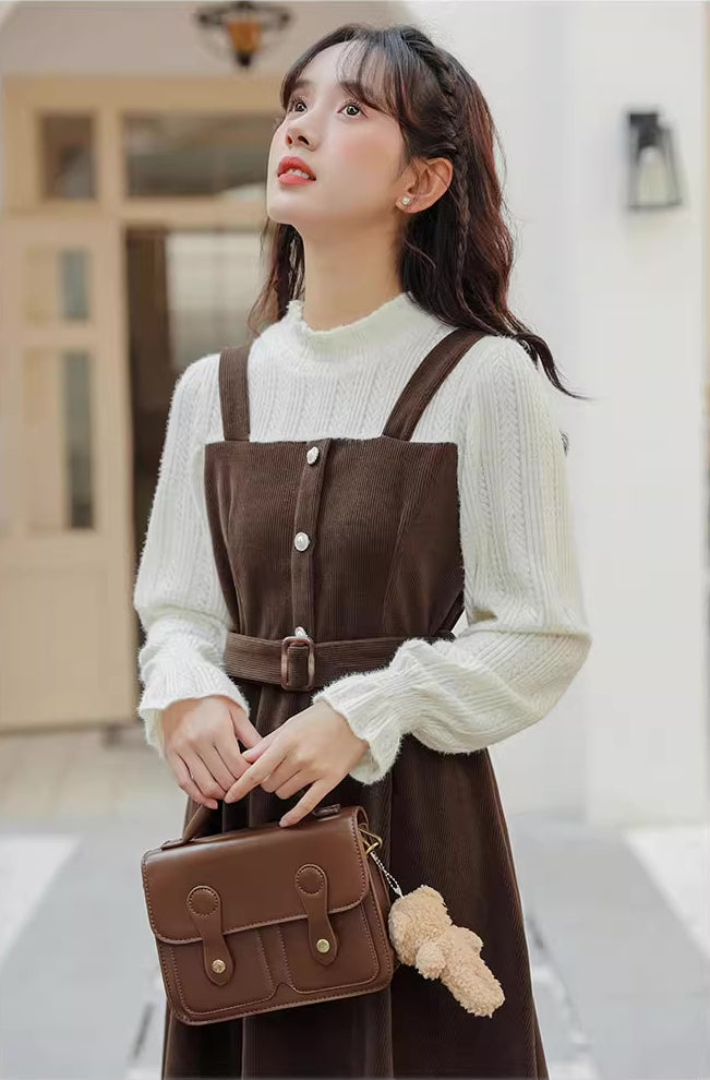 Corduroy Knit Belted Twofer Midi Dress Maxct