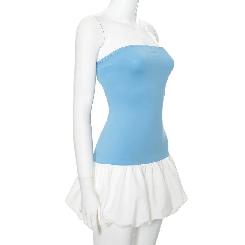 Contrast Color Mini Folds Dress For Strapless Slim Sleeveless Ruched Splice Y2K Beach FeClub Party Dress